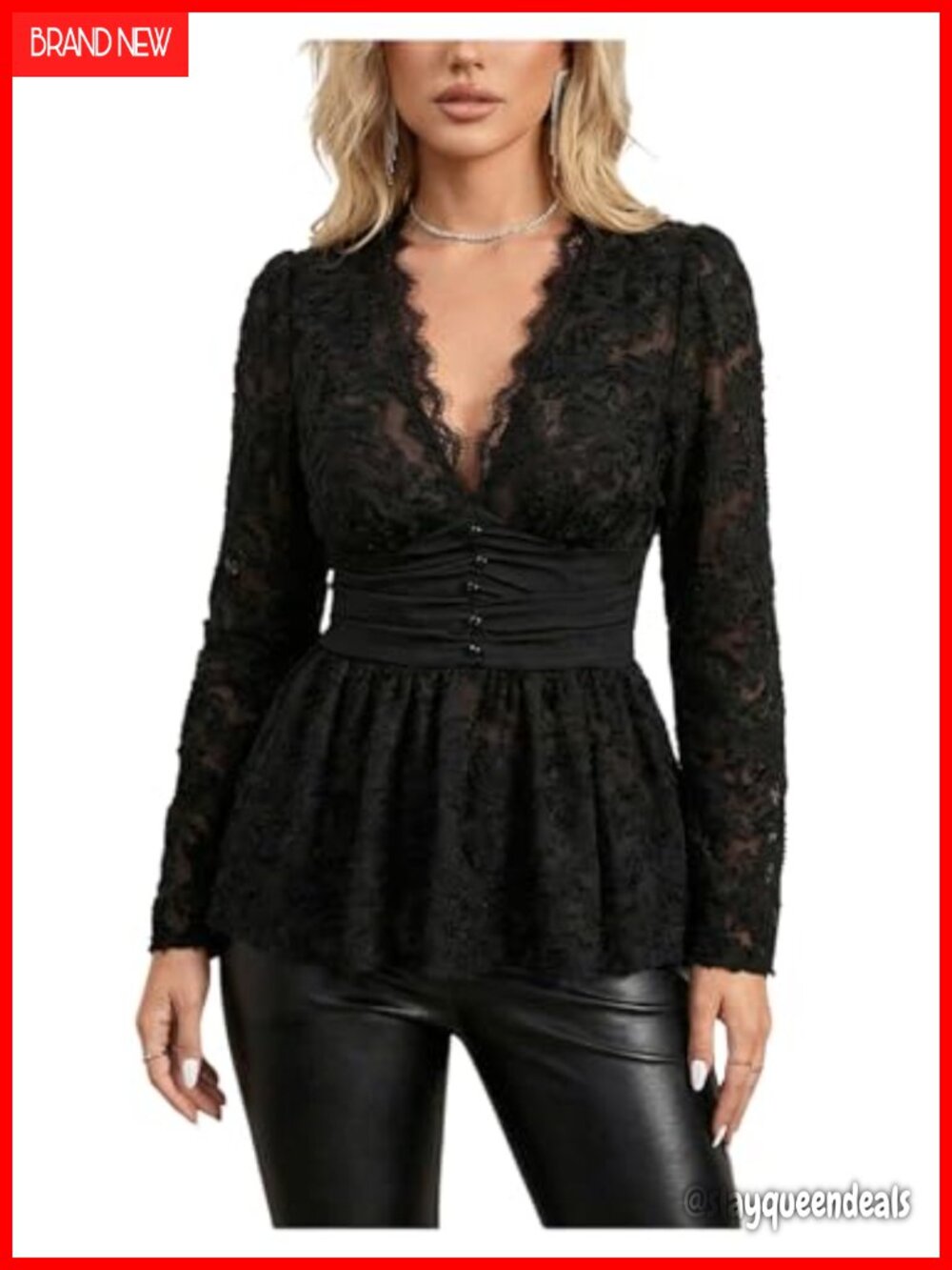 Plus Size Lace Peplum Blouse Sheer V Neck Long Sleeve Top
